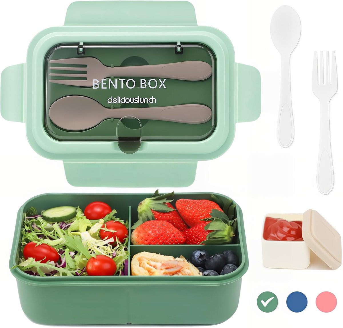 Thijox - Bugucat Lunchbox voor Kinderen, 1200 ml, Lekvrije Broodtrommel met 3 Vakken, Bentobox, Kinderbroodtrommel voor Volwassenen met Bestek, Groene
