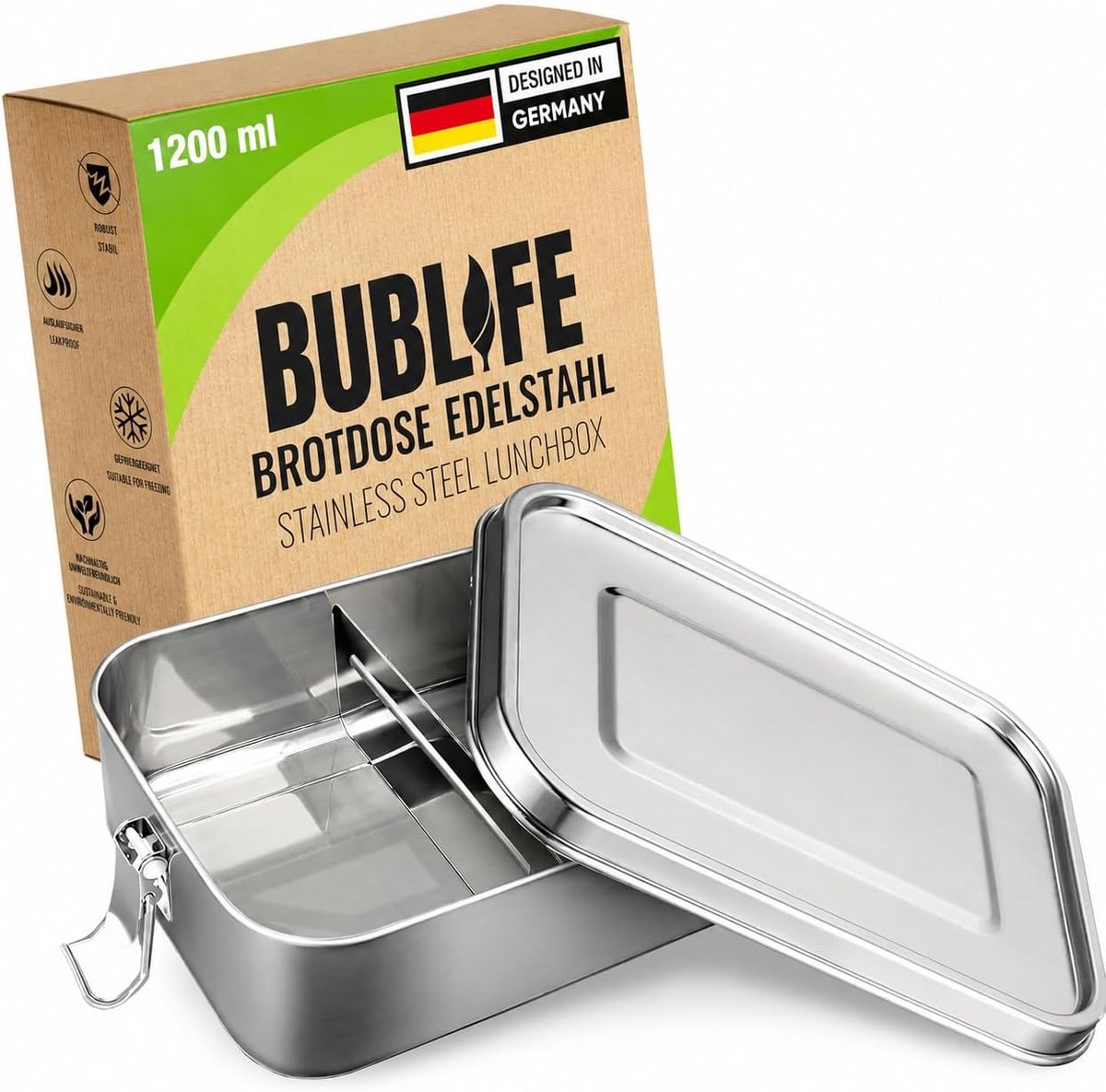 SnelShoppen - Broodtrommel roestvrij staal met scheidingsvakken 1200 ml, zilver | Lekvrije en vaatwasmachinebestendige lunchbox, bento box voor school