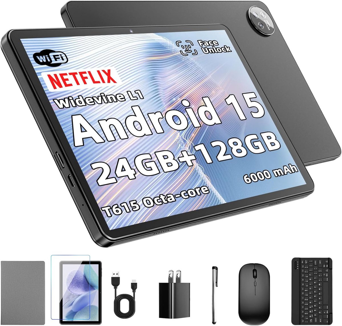 SnelShoppen - Android 15 Tablet 10 Inch met Toetsenbord, 24GB RAM, 128GB Opslag, Uitbreidbaar tot 1TB, Draagbare Zwarte Tablet voor Thuis, Werk en Ond