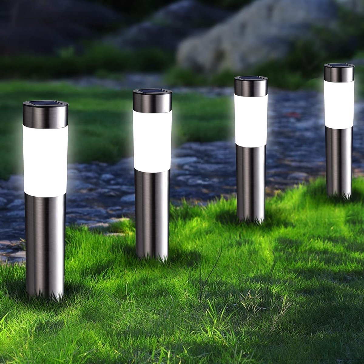 SnelShoppen - 4 Stuks Zonnelampen voor Buiten, Roestvrij Staal, LED Tuinverlichting, Weerbestendig, Cilindrisch, Wit, Padverlichting voor Patio en Gaz