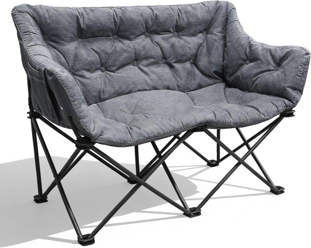 SnelShoppen - Dubbele Opvouwbare Campingstoel - Gevoerde Campingbank voor 2 Personen - 320 kg - Grijze 2-zits Campingstoel voor Outdoor en Indoor Gebr