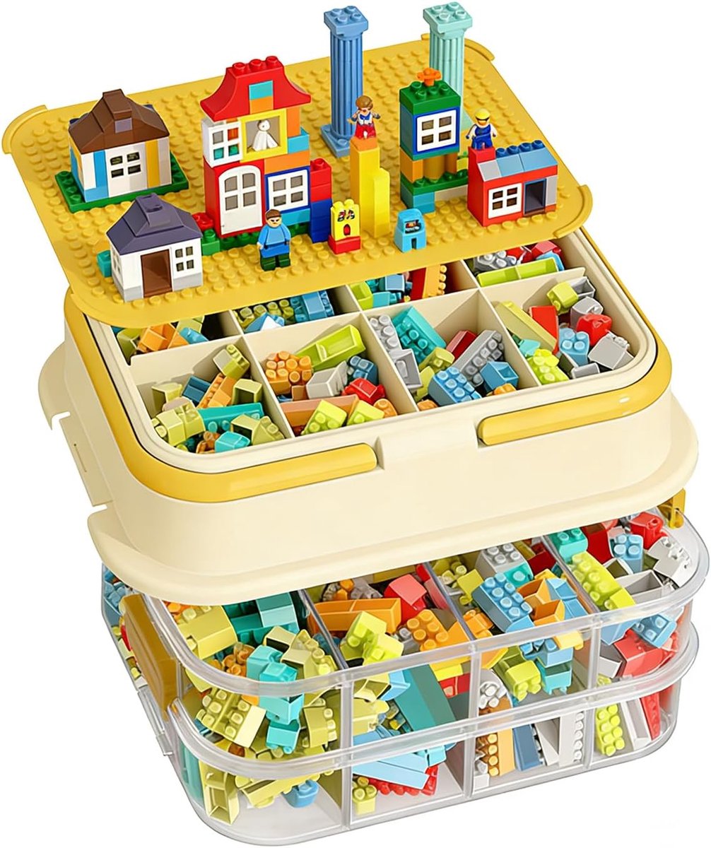 SnelShoppen - Opbergdoos voor Legosteentjes, Sorteringsbox met Afneembaar Tablett & Ingebouwde Bouwplaat, Kunststof Opbergboxen voor Kleinmateriaal, K
