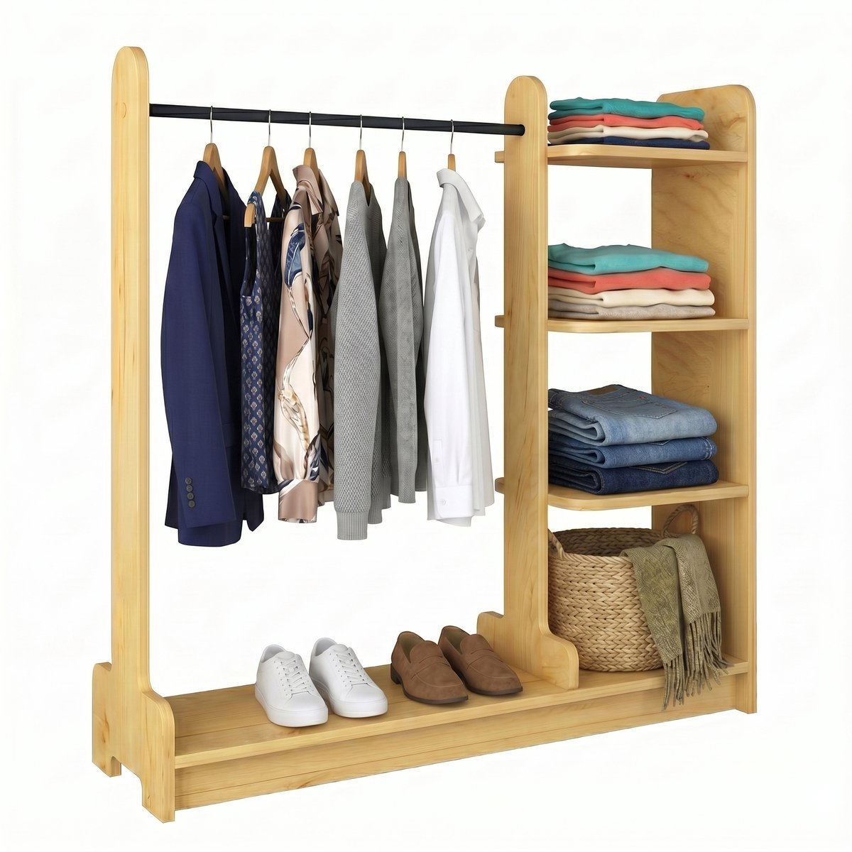 VCM Kleiderständer H. 110 x B. 106 x T. 35 cm mit Regal & Kleiderstange Offene Garderobe für Schlafzimmer Flur Ankleide - Lempu L