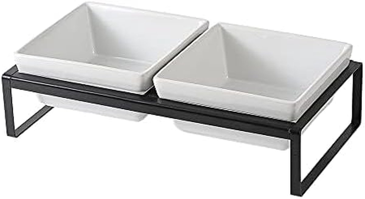 Dubbele Voerbak - Verhoogde Hondenbak - Comfortabel Eten - Keramische Bakken - 2x 1000 ml - Zwart