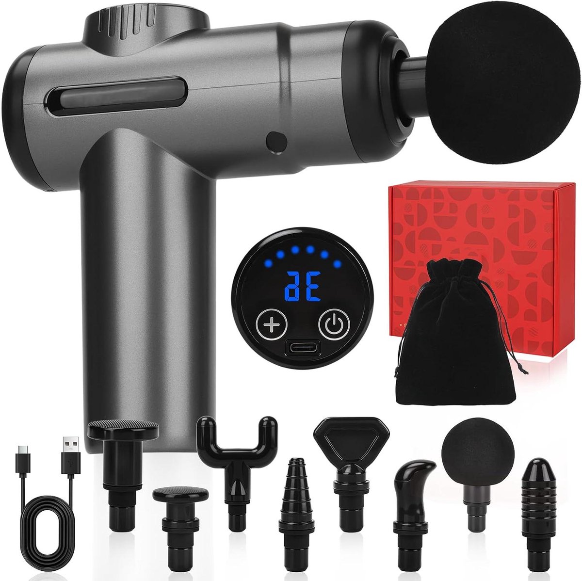 Massagepistool - Spierontspanning - Herstel na sport - 8 koppen 99 snelheden - 13 mm diep - Grijs