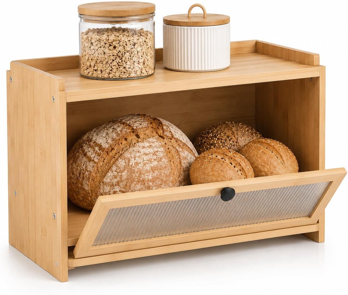 SnelShoppen - Bamboe Broodtrommel van Hout met Snijplank, Grote Ventilatie, Elegante Opslag voor Brood, 40x26x23 cm, Keuken, Duurzaam, Handgemaakt