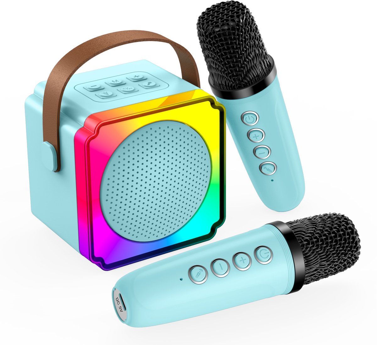 Karaoke Set voor Kinderen met Bluetooth Speaker van MMOBIEL – Met 2 Draadloze Microfoons, LED-verlichting, Geluidseffecten – Feest, Cadeau voor Meisje, Jongen, Kinderen 3+ jaar – Blauw