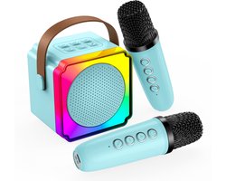 Karaoke Set voor Kinderen met Bluetooth Speaker van MMOBIEL – Met 2 Draadloze Microfoons, LED-verlichting, Geluidseffecten – Feest, Cadeau voor Meisje, Jongen, Kinderen 3+ jaar – Blauw