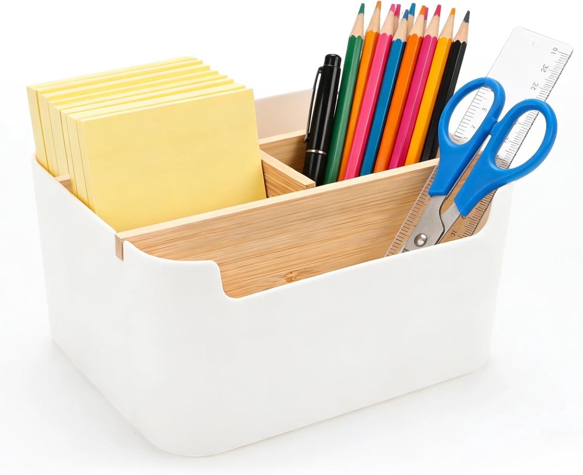 Pennenorganizer met 5 Vakken van Bamboe, Ruimtebesparende Bureau-organizer voor Kantooraccessoires en Make-upkwasten