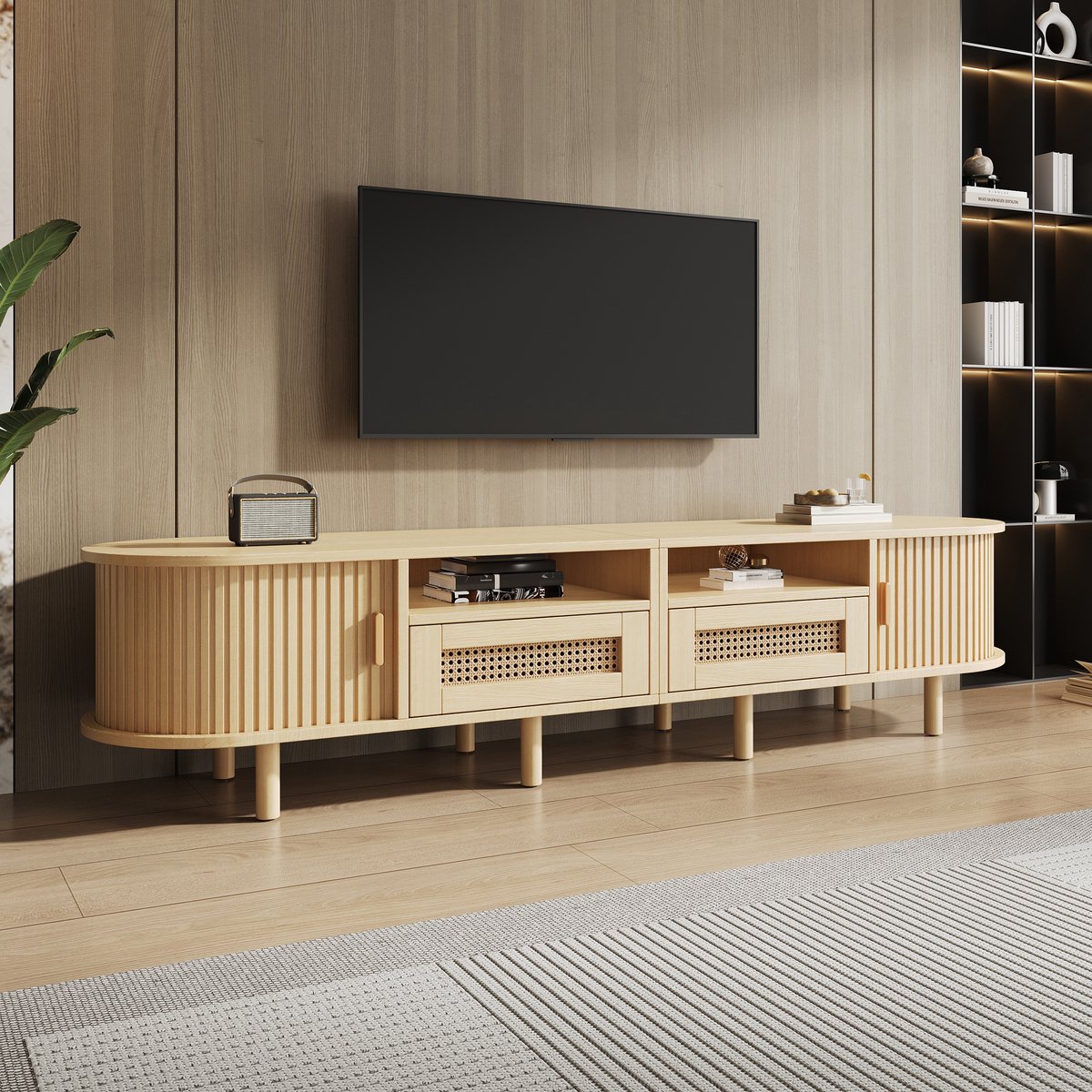 Wishdor Tv-Meubel - Ovale Vorm En Rattan Details - Scandinavische Stijl - Woonkamer - MDF - Licht Eiken - 170 X 40 X 40 Cm Lichte eik