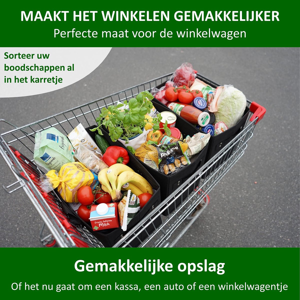 SnelShoppen - COTTARA Premium Opvouwbare Boodschappentas Set van 3 Stuks, Herbruikbare Boodschappenmand met Versterkte Bodem, Inclusief 3 x Fruit- en