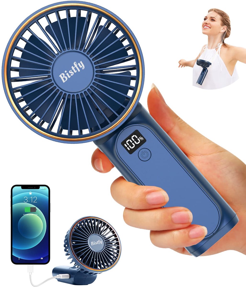 SnelShoppen - Draagbare Handventilator 5200 mAh, Stil, 6 Snelheden, USB C, Mini-Tafelventilator met LCD-Display, 180 Graden Inklapbaar, Halsventilator