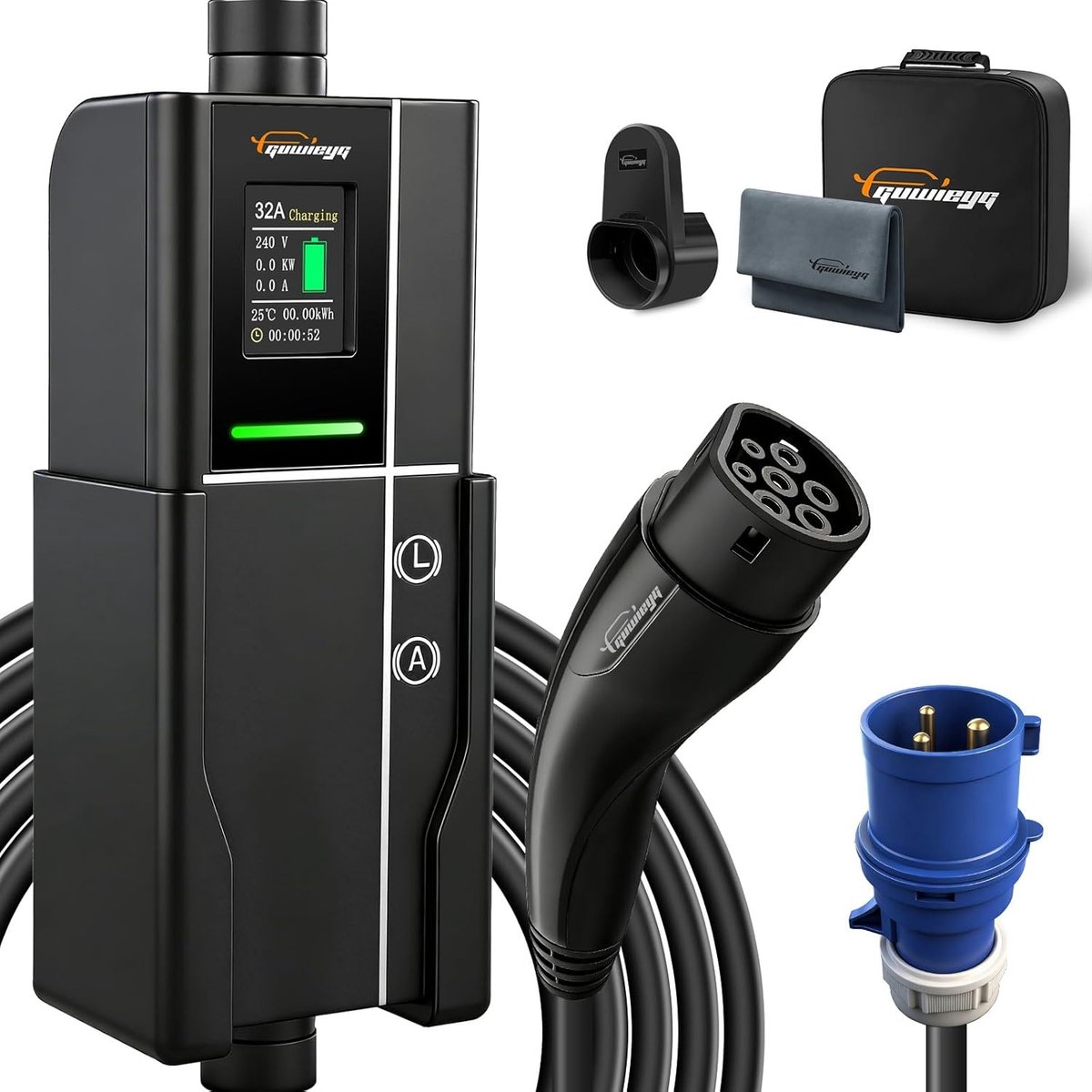 SnelShoppen - Type 2 Oplaadkabel 7.2kW EV-Lader met CEE - 8 Meter Instelbare Stroom 8-32A voor Elektrische Voertuigen, Snellader, Hoogwaardige Kwalite