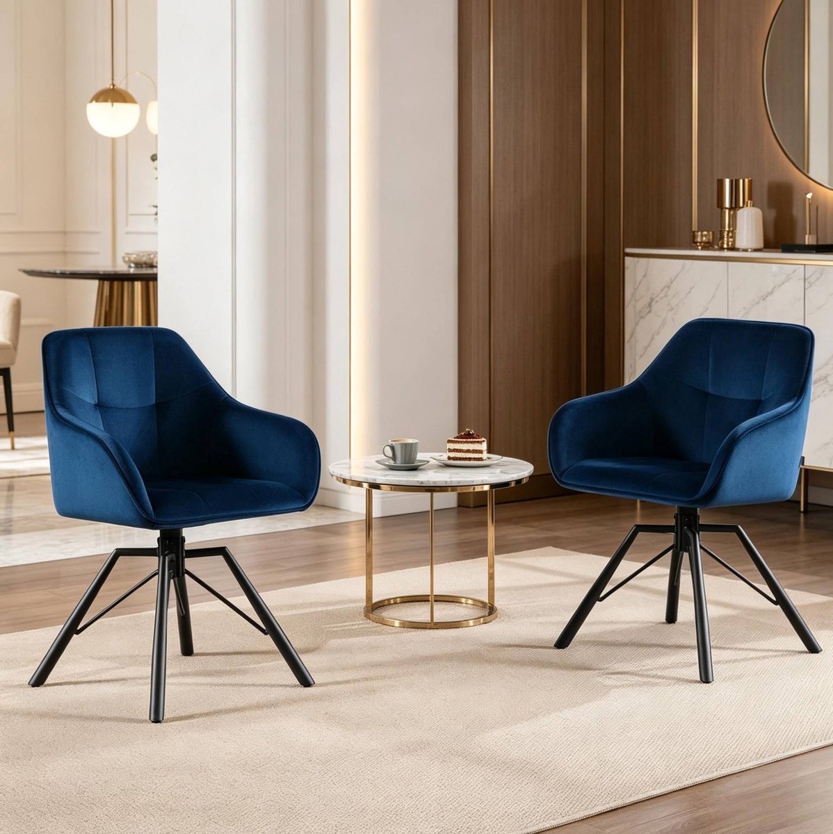 HAUSS SPOLE Eetkamerstoel - Draaibare Kuipstoel - Set Van 2 - Met Armleuningen En Zachte Rugleuning - Velvet Blauw Metaal