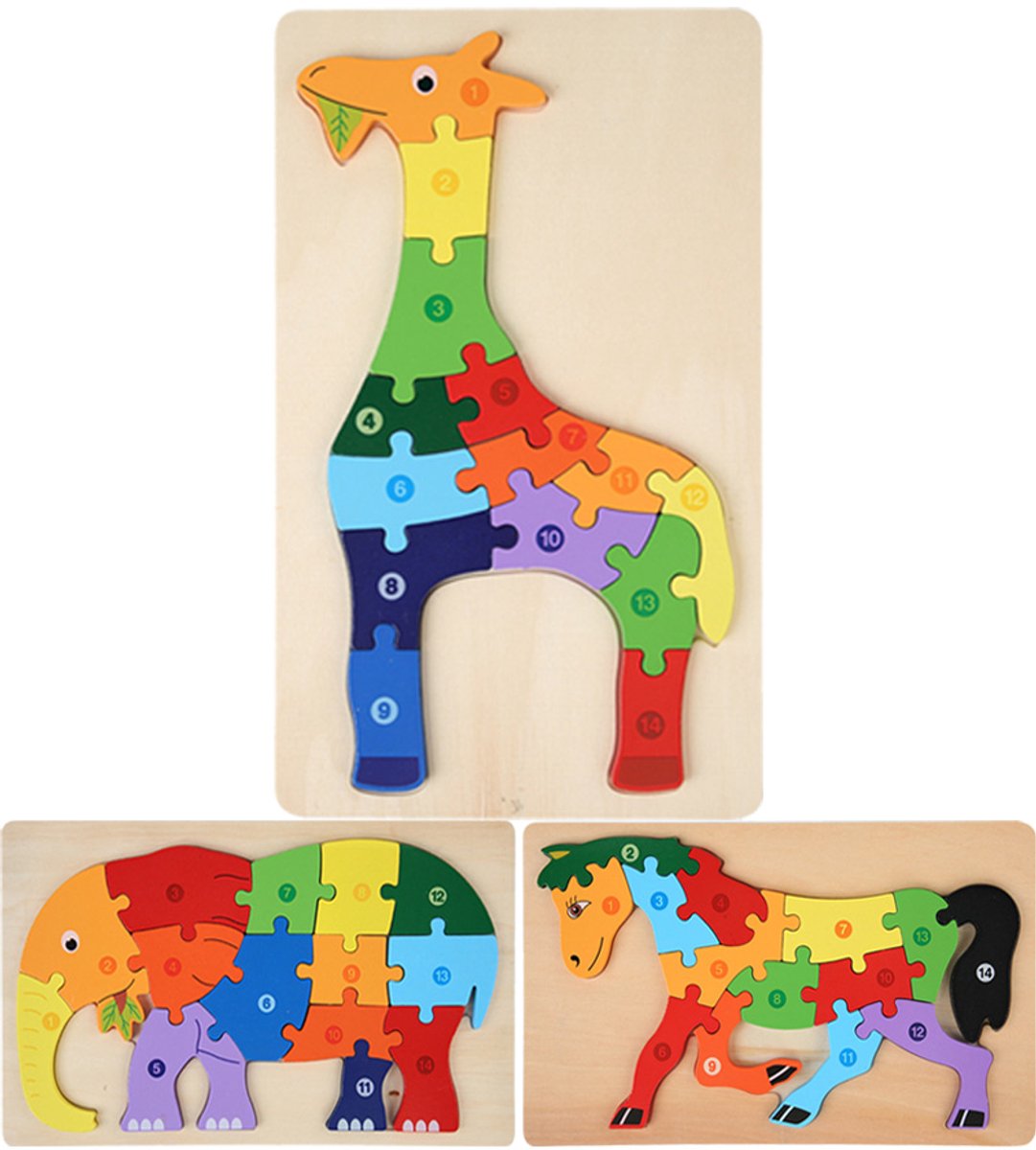 Houten Blokpuzzel-Montessori Speelgoed-3D puzzel-Kinderen-3 Jaar-Gift-Cadeau-Hertje,Olifant,Paard, Educatief Spel voor 3 4 5 6 7 Jaar, Cadeau voor Jongens en Meisjes