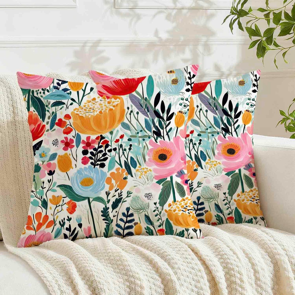 SnelShoppen - Kussensloop Lente 50 x 50 cm, Bloemen, Blauw, Kussenhoezen voor Hoofdkussen, Outdoor en Bankkussen, Kleurrijke Overtrekken voor Woonkame