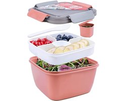 SnelShoppen - Greentainer Saladecontainer, lunchcontainer, bento box met 3 vakken voor salade en snacks, slakom met dressinghouder, lekvrij, magnetron
