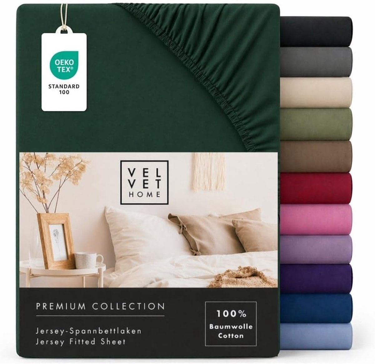 SnelShoppen - VelvetHome Hoeslaken 180 x 200 cm, 100% Gekamd Katoen, Jersey, Geschikt voor Matrassen tot 25 cm Hoog, Donkergroen, Beddengoed voor Slaa