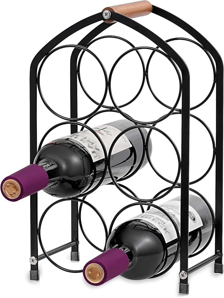 Moderne metalen wijnrek voor 6 flessen met houten handvat | Ruimtebesparend vrijstaand wijnrek voor keuken, bar en eettafel, ideaal voor wijnliefhebbers en interieurdecoratie