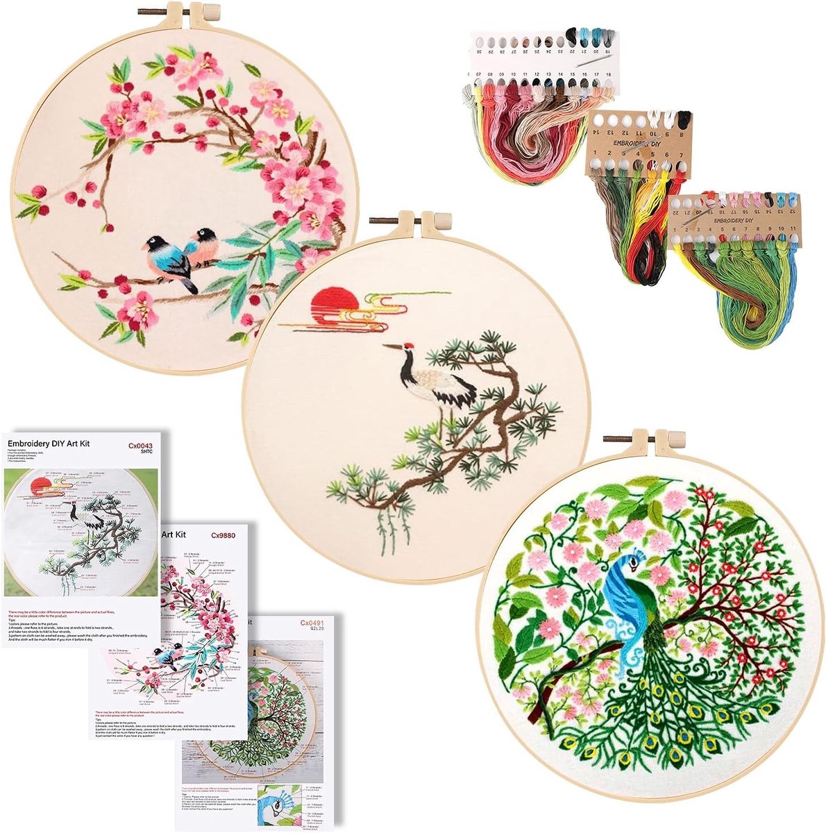 Beginner Borduurset van 3 Handgemaakte Borduurwerk Tools met Verstelbare Ringen en 3 Floral Dierpatronen voor Kruissteek Borduren