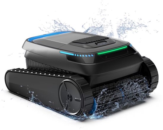 Robot de piscine noir avec des lumières LED bleues et vertes, avec de l'eau éclaboussant autour.