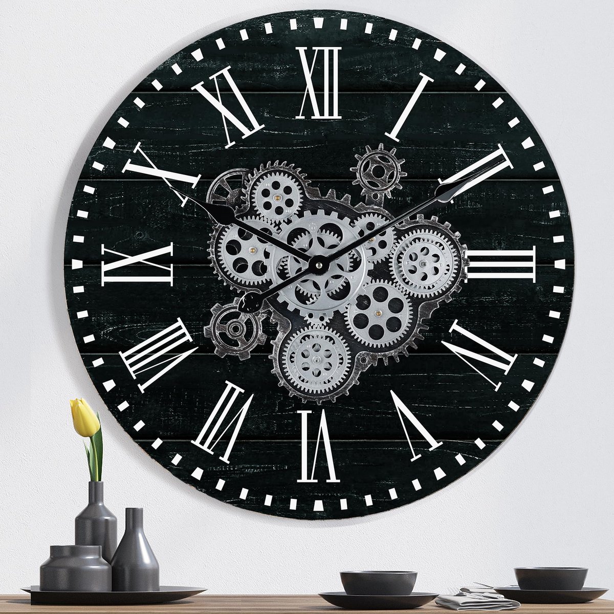 SnelShoppen - Grote Houten Industriele Zwarte Wandklok met Draaiende Tandwielen 57 cm Romeinse Cijfers Decoratieve Muurklok voor Woonkamer Slaapkamer