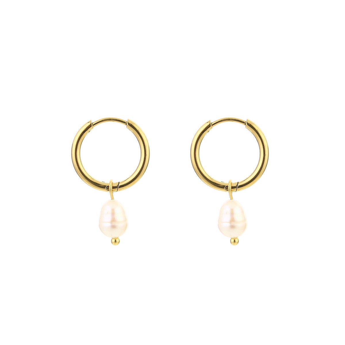 Stainless Steel Pearl Drop Charm Hoops – Luxe Parel Bedel Oorringen – RVS - Goud