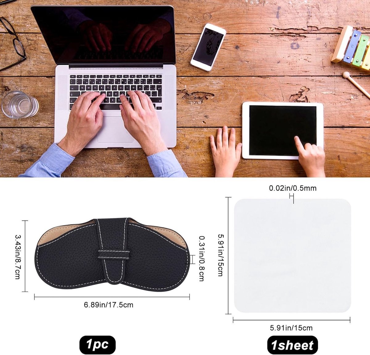 Leren brillenkoker met slanke vormgeving, lichtgewicht en draagbaar, inclusief suede reinigingsdoekje voor zonnebrillen en eyeglasses in grijs