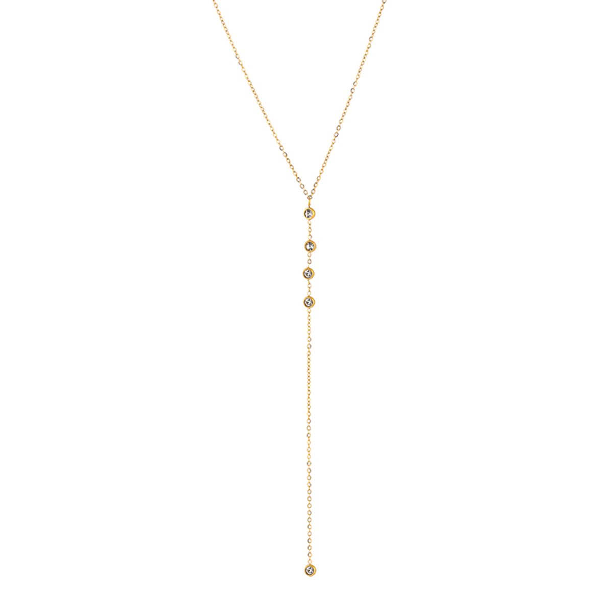 Y-Ketting met Zirkonia - Lange Y-Vormige Schakelketting - Stainless Steel / RVS - Goud