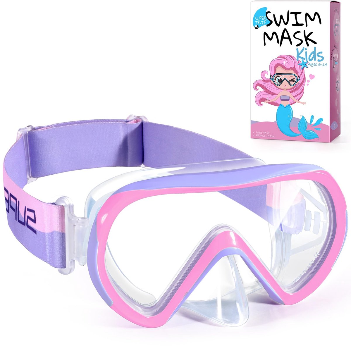 SnelShoppen - Kinderzwembril met neusafdekking voor 6-14 jaar, gehard glas, stoffen riem, snorkelmasker voor jongens en meisjes, zwembad en strand - R