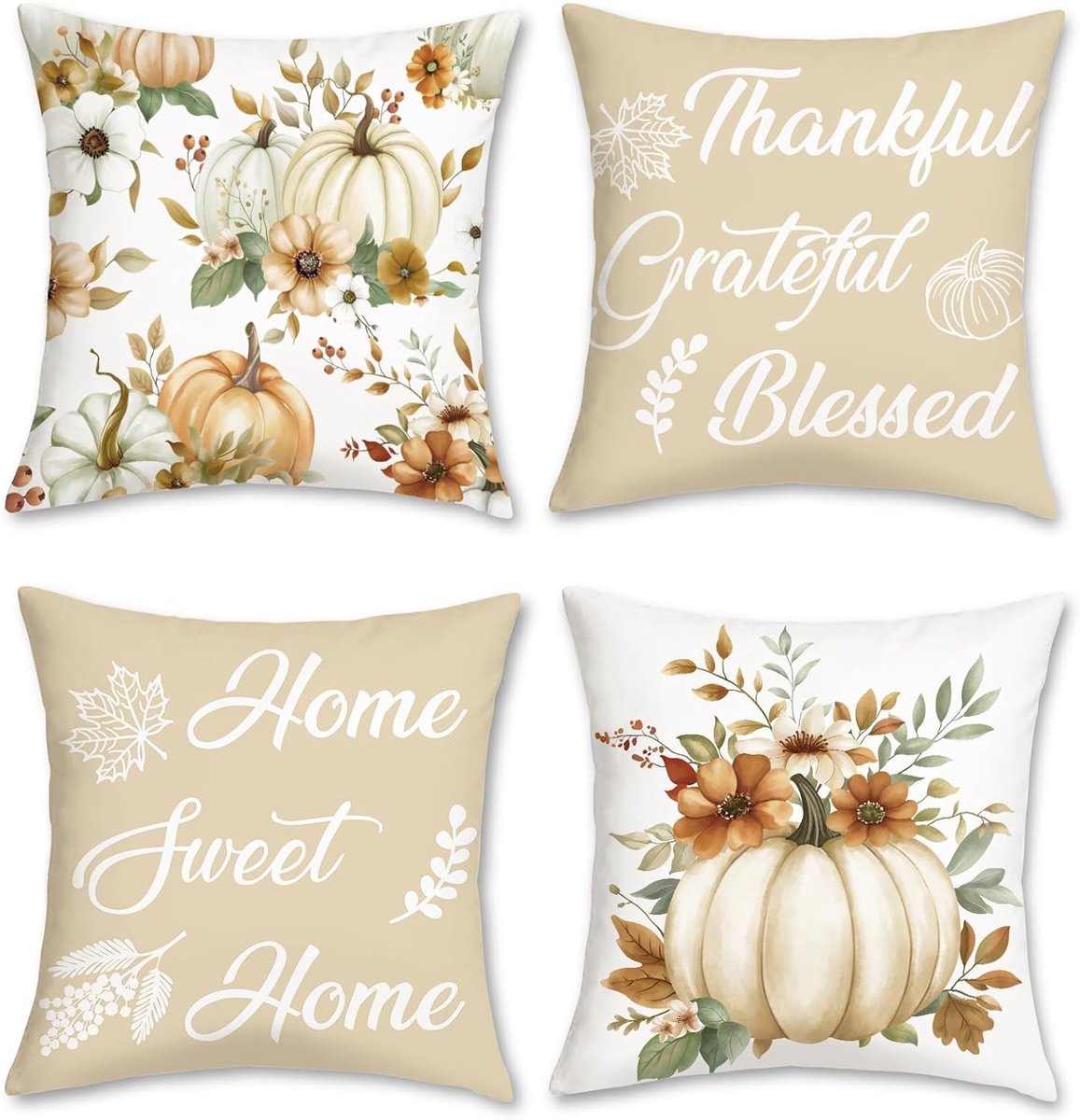 Herfst Kussenhoezen 45 x 45 cm in Beige en Oranje met Pompoenen en Bloemen voor een Sfeervolle Woonkamer Decoratie Set van 4 Kussens voor de Bank