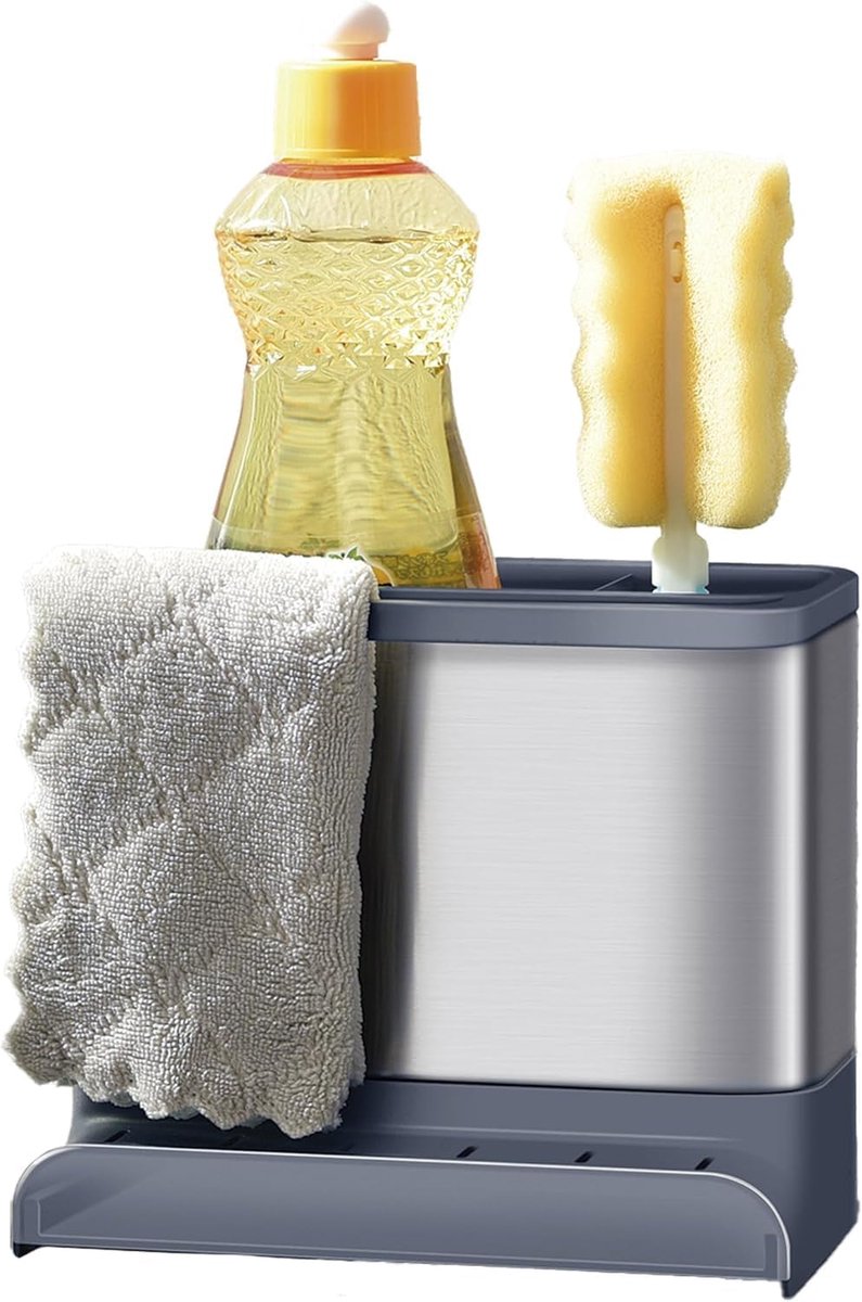 SnelShoppen - Noxi Gootsteen Organizer - Compacte Spoelbak Houder voor Sponzen, Borstels en Afwasmiddel - 15,4 x 11,4 x 18 cm - Roestvrij Staal en Duu