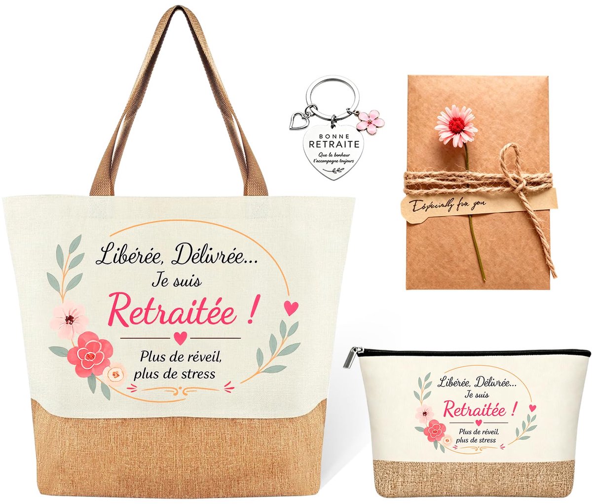 SnelShoppen - AHEZQILU Cadeau voor Pensioen voor Dames, 4-delig Cosmetische Tas met Sleutelhanger en Wenskaart, Origineel Pensioen Cadeau voor Collega