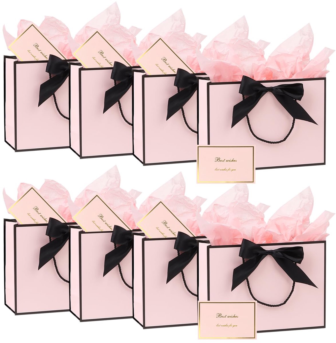 SnelShoppen - 8 middelgrote geschenkzakjes met handvat, striklint, tissuepapier en kaart - 20x28x10 cm - Roze bedankzakjes voor afstuderen, bruiloft,