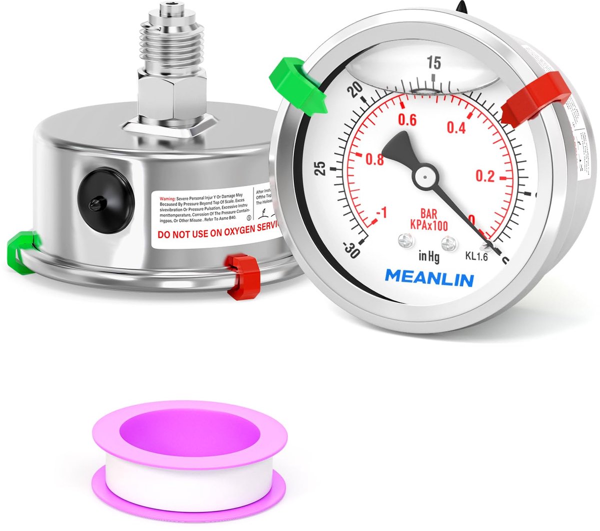 SnelShoppen - Glycerine gevulde vacuümdrukmeter -1~0Bar/-30~0inHg met 316 roestvrijstalen verbinding, 1/4" BSP, 2.5" wijzerplaat voor luchtcompressor,