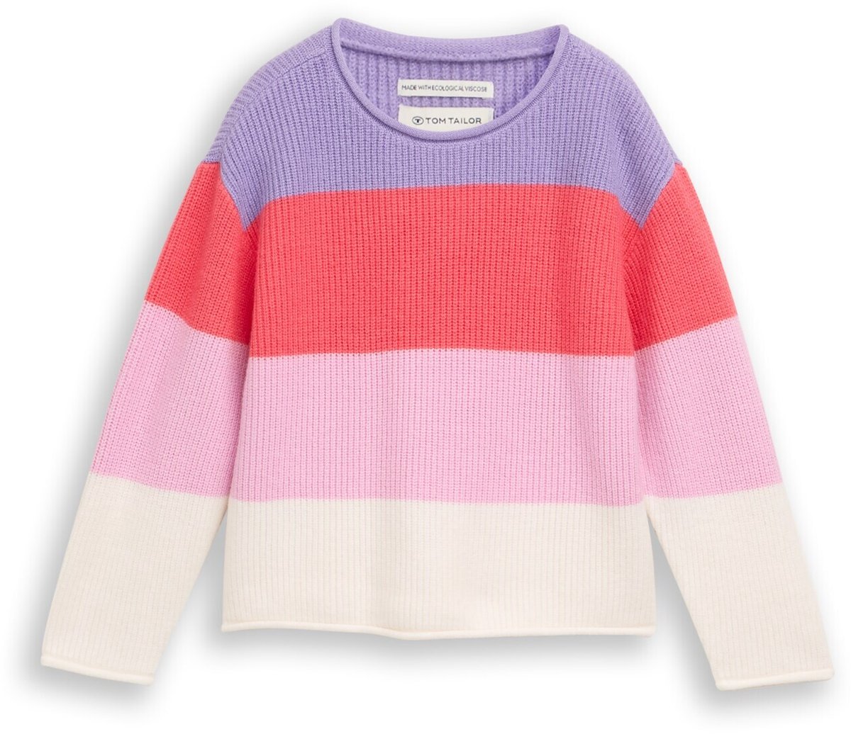Tom Tailor - Gebreide trui met omgeslagen zomen - Maat 104/110 - coral and purple block stripe