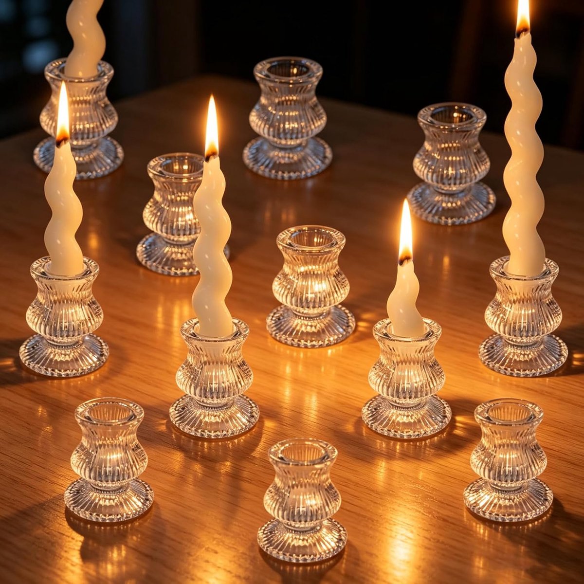 12 stuks theelichthouders van transparant glas, kaarsenhouders met transparante strepen Transparante conische kandelaar, voor tafeldecoratie, kerstdecoratie, bruiloft, huis en feest
