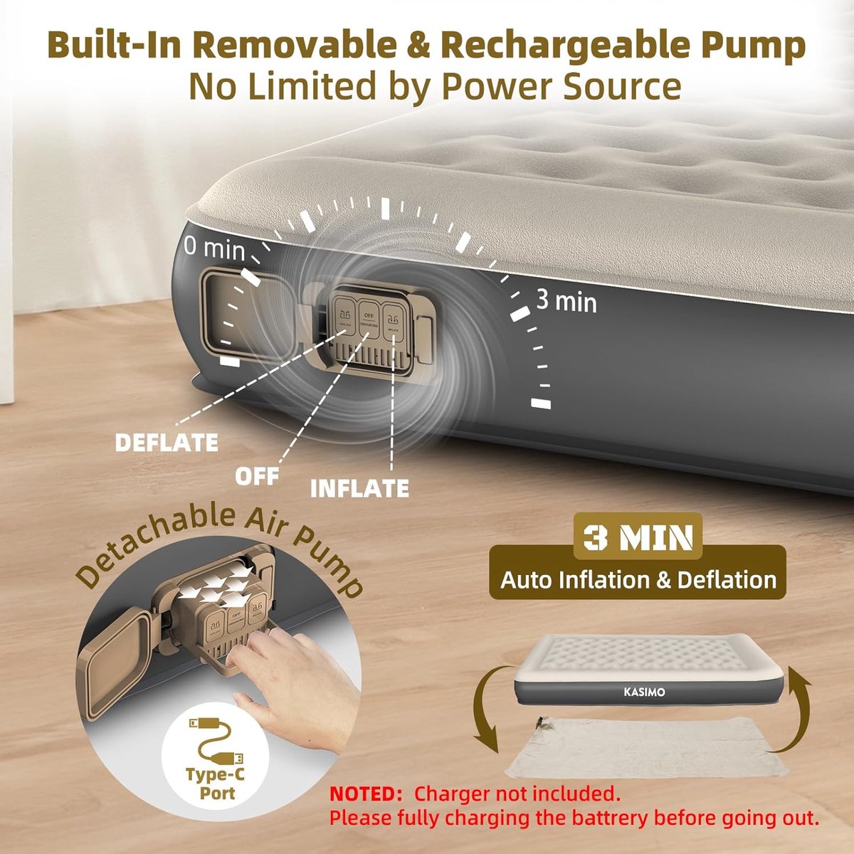 SnelShoppen - Inflatable Queen Mattress TPU Luchtbed met Ingebouwde Accu Afneembare Pomp, Zelfopblazend Luchtbed met Kussen, Sterke Ondersteuning voor