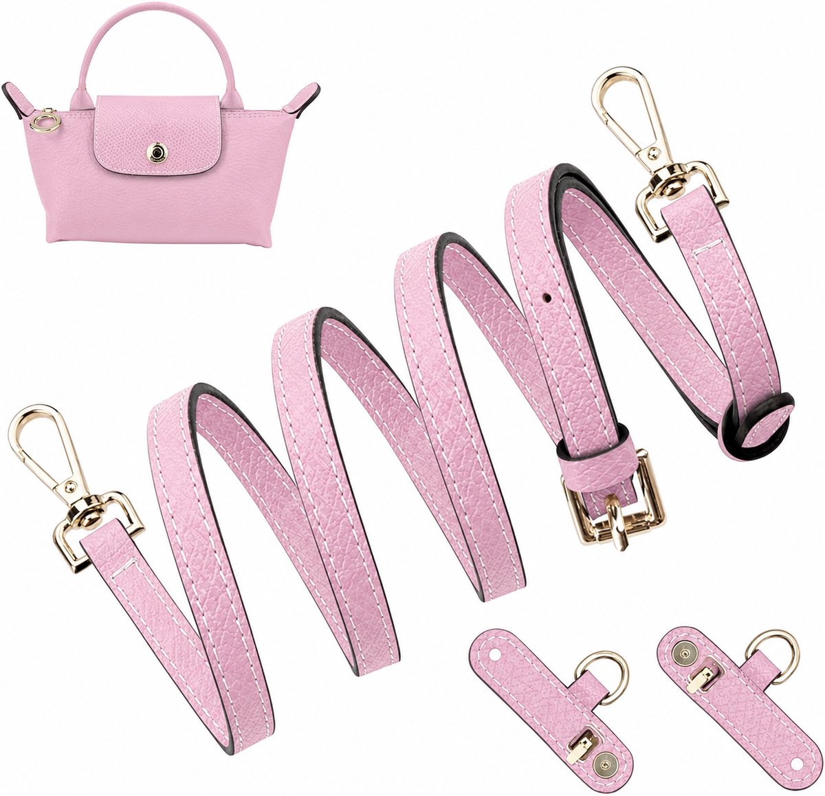 BOTC Tassenriem - Tassenriem Schouderriem - Geschikt voor Longchamp Le Pliage Mini - Leren Schouderband met - 12mm - Roze