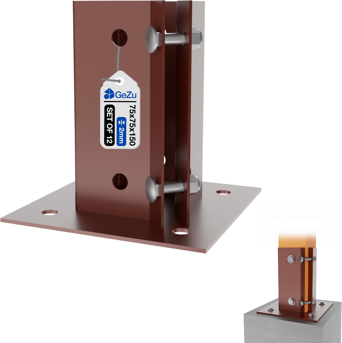 GeZu Impex Verstelbare Paalhouder met Plaat 75 x 75 mm Poedergecoat Set van 12 Paalvoet Beugel Schuttingvoet Basis Vierkante Beugel Schroefbare Paalschoen