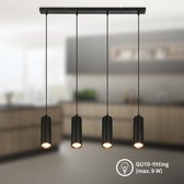 Vier zwarte hanglampen met geribbelde structuur in een keukenomgeving, GU10 fitting (max. 9 W).