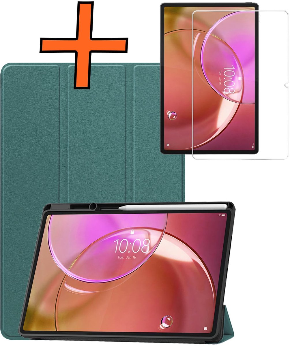 Hoesje - Geschikt voor Lenovo Idea Tab Pro Gen 2 - Met Screenprotector - Trifold Bookcase - Hard Cover Case - Met Uitsparing Geschikt voor Lenovo Pen - Hardcover Book - Tablet Hoes - Donkergroen