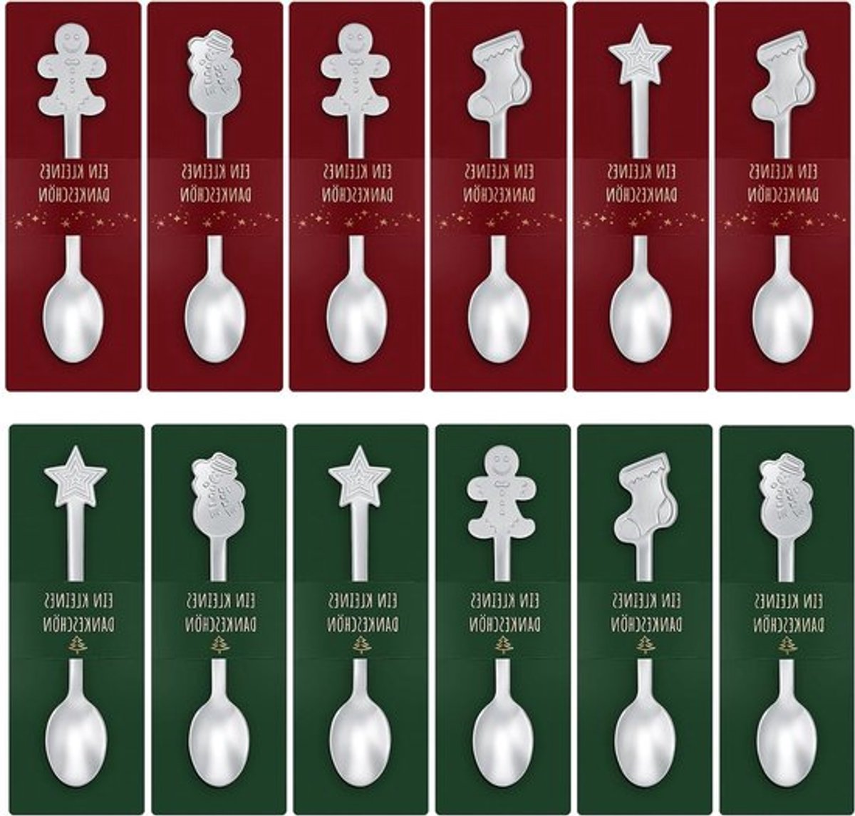 12 Sets RVS Kerstlepel Set met Bedankkaart - Koffielepel, Dessertlepel en Theelepel voor Feestdagen, Perfecte Cadeaus voor Familie en Vrienden