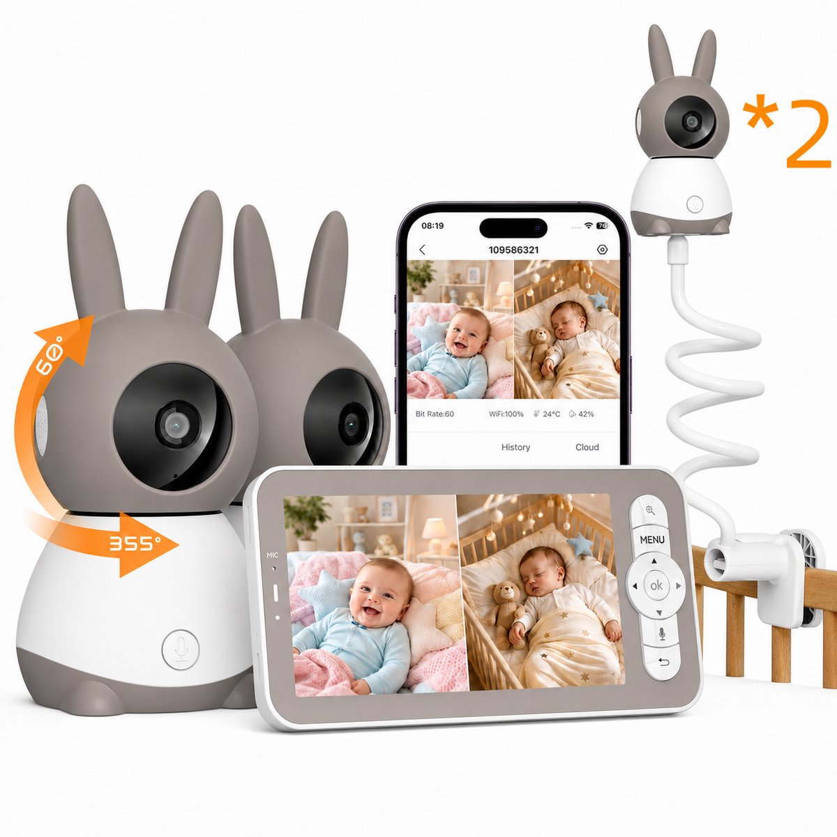 Wifi Babyfoon Met 2 Camera's - Baby Monitor - Babyfoon met 5 inch scherm - Ultra HD 2K Resolutie - Op Afstand Bestuurbaar - Slaapliedjes - 2*Inclusief Flexibele Houders