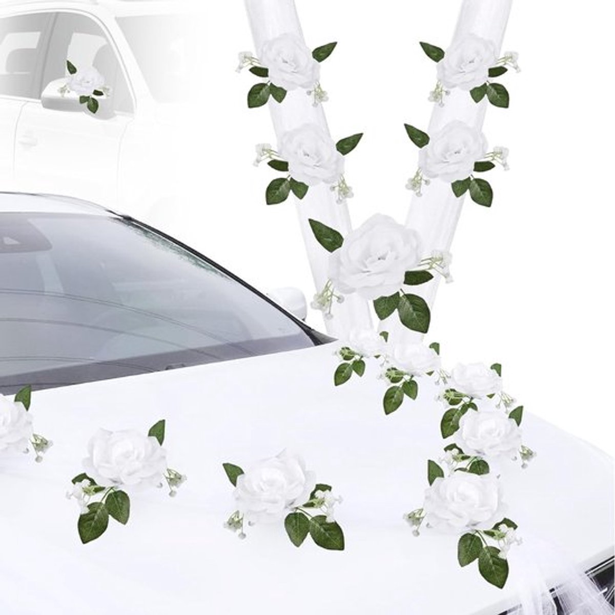 Elegante Versiering voor Trouwauto met 9 Zijde Bloemen en 2 x 180 cm Tulle voor Bruiloft Ceremonie en Ontvangst