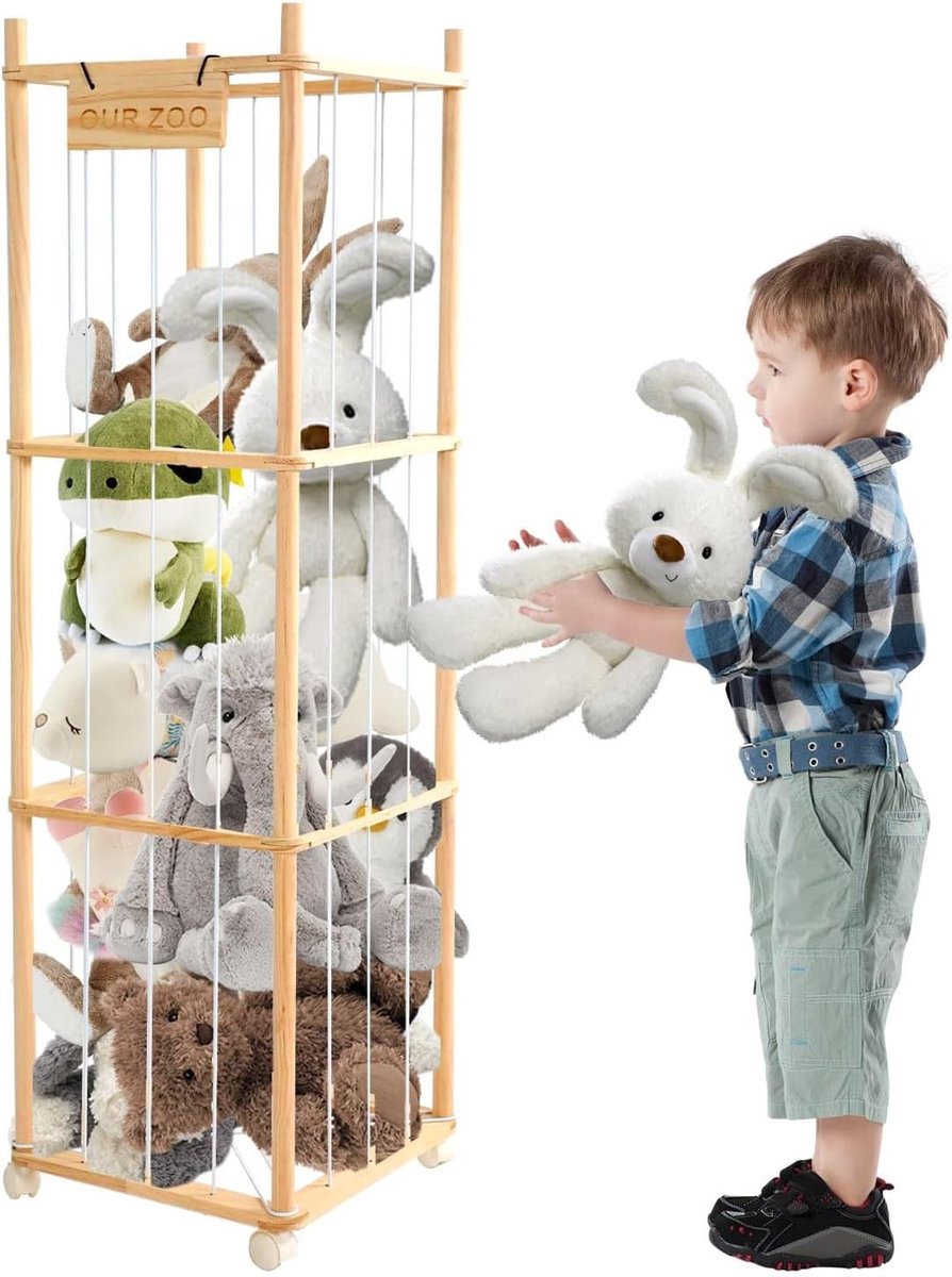 Opbergmeubel voor Pluche Dieren 136 x 40 x 40 cm - 3-laagse Plank met 360° Vergrendelbare Wieltjes voor Speelkamer, Kinderkamer en Slaapkamer