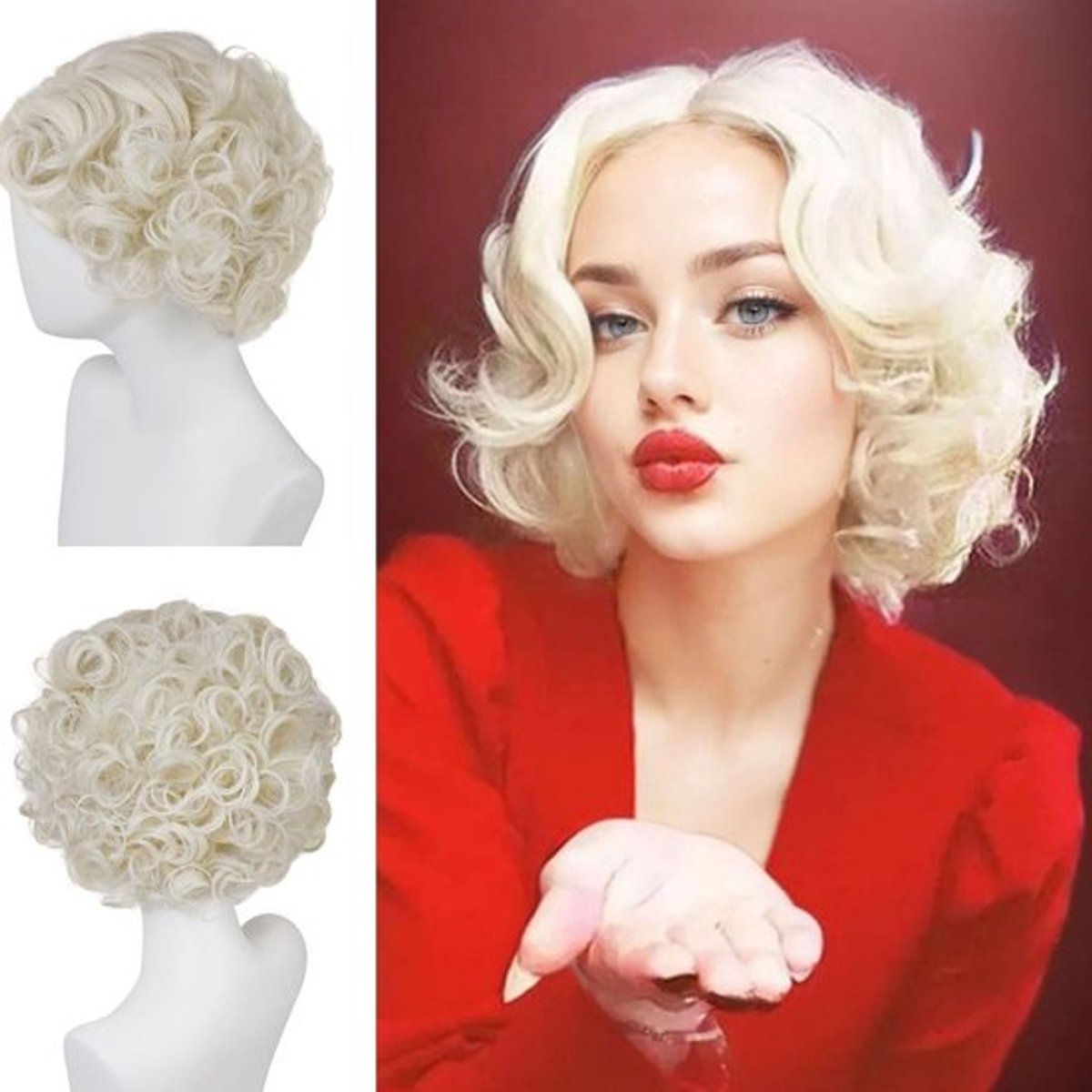 Lichtblonde Krullende Pruik voor Vrouwen met Zijvlecht - Vintage Halloween Kostuum van Synthetisch Haar