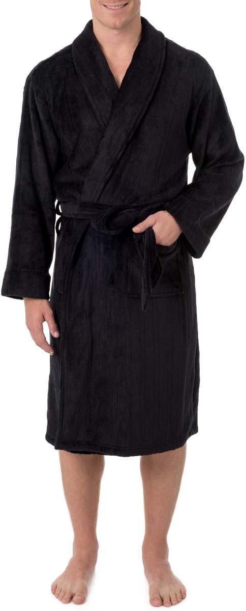 SnelShoppen - Comfortabele Fleece Badjas voor Heren, Zwart, One Size, Zacht en Warm voor Thuis, Douche, Koude Nachten en Ochtenden