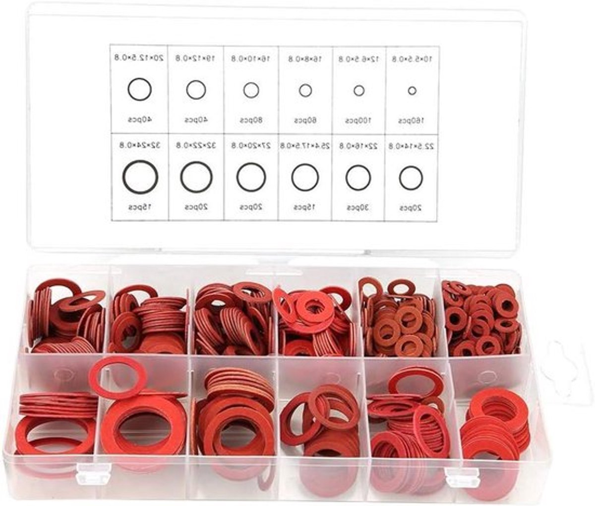 Platte Ringen Assortiment Staalvezel Rode Ringen Wasmachine - 600 Stuks, 12 Maten, Sanitair Isolatie Veelzijdig Gebruik