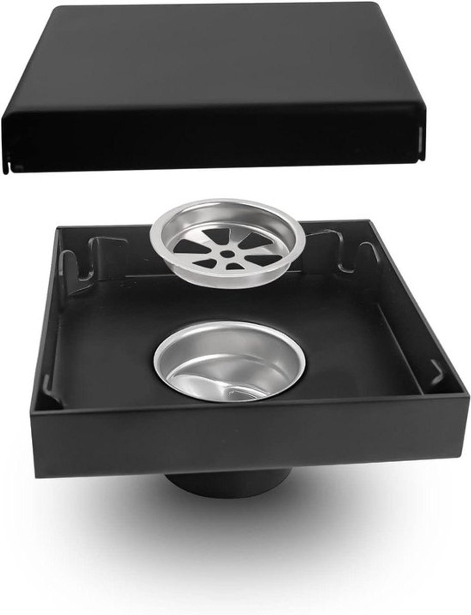 Afvoerputje douche zwart roestvrijstaal 10x10 cm - verborgen ontwerp - 40 mm afvoerdiameter - insecten- en geurbestendig - voor binnenafwatering.